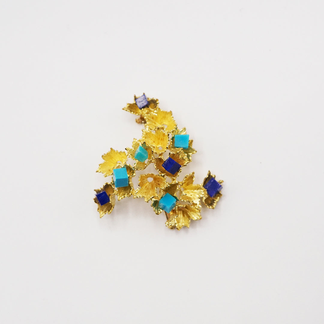 Lapis lazuli and turquoise gold brooch